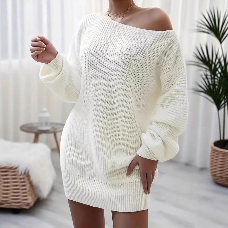 Women's Oversized Knit Sweater Dress - Long Sleeve Casual Tunic Dress, Soft Loose Fit Winter Dress With High Neck, Cozy & Stylish Loungewear_voghion.com