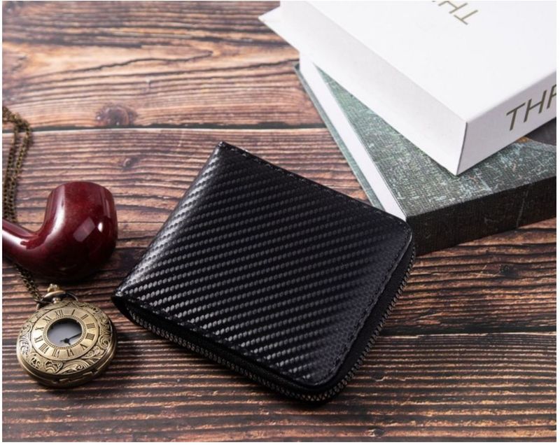 Carteira masculina com porta-cartões, carteira curta com estampa de fibra de carbono, grande capacidade, zíper, porta-cartões, corrente_voghion.com