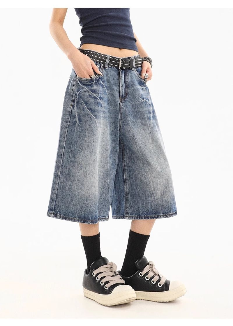 Herrenbekleidung Retro Washed Old Lightning Pattern Dreiviertel-Jeansshorts Lockere, gerade, weit geschnittene, mittellange Hose_voghion.com