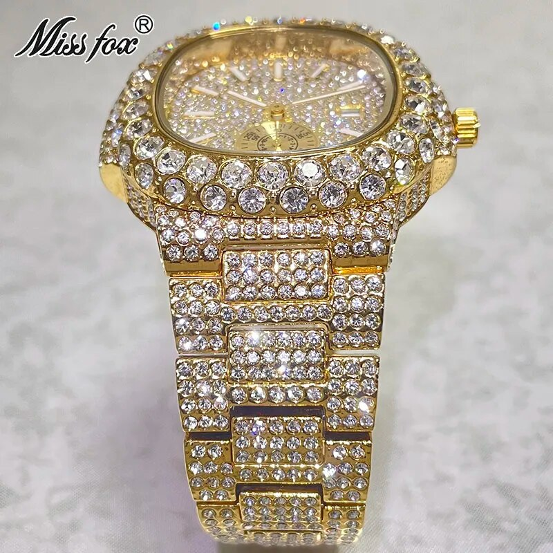 Hip Hop Marke MISSFOX Mode Iced Out Uhren Männer Voller Diamanten Gold Automatische Datum Uhr Stahl Wasserdichte Uhr Männlich_voghion.com