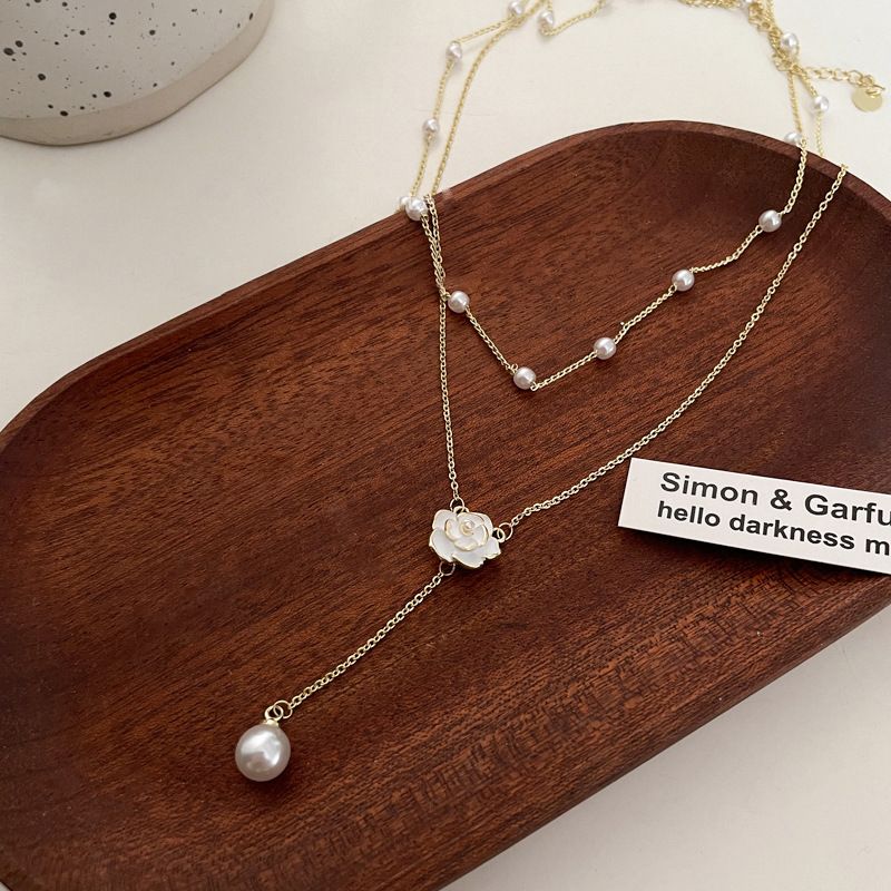 Collana di perle con nappe a doppio strato per donna, design di nicchia, collana con clavicola di camelia, lusso leggero, collana da collo con temperamento_voghion.com