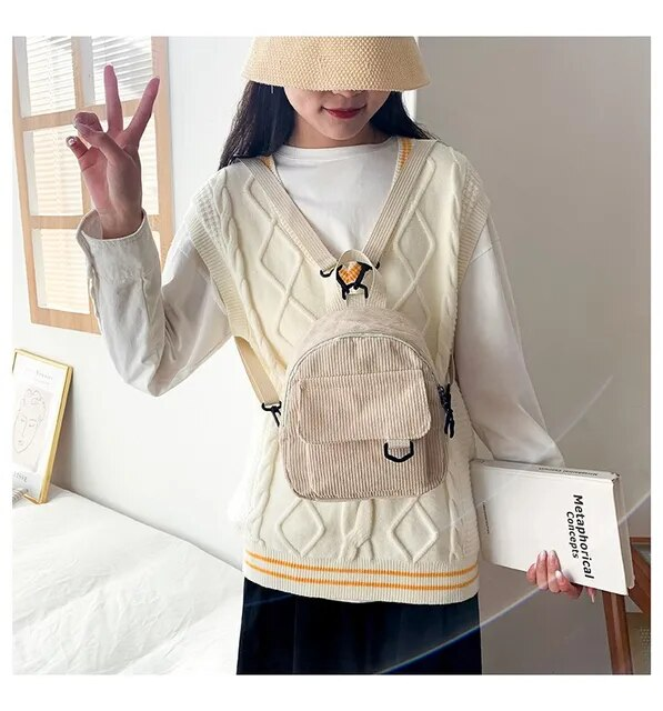 Mini zaino da donna alla moda Zaini piccoli in velluto a coste tinta unita Zaini da viaggio per studenti semplici e casual_voghion.com