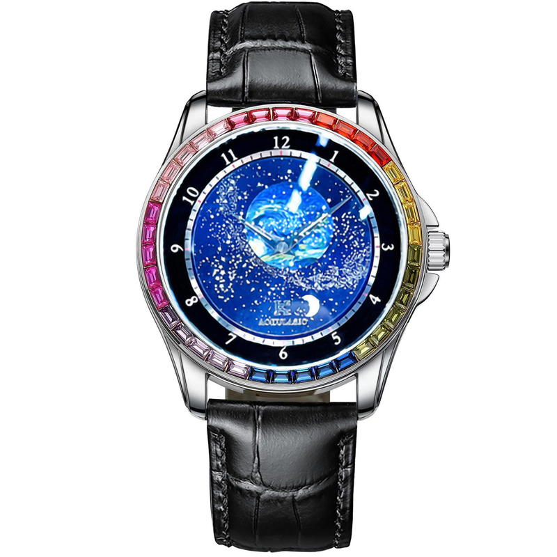 Brangakmenių inkrustuotas „Rotating Star“ automatinis mechaninis laikrodis su odiniu dirželiu, šventinė dovana_voghion.com