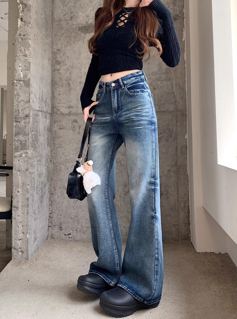 Vintage American Style High Waist Wide Leg Jeans For Women - Retro Blue Distressed Denim Flared Trousers With Drop Hem_voghion.com