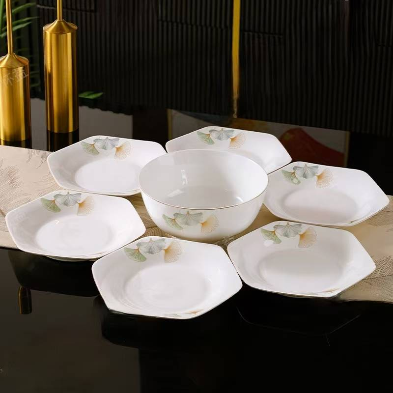Service de table en céramique de luxe léger et haut de gamme – Assiettes colorées sous glaçure, assiettes à poisson en porcelaine fine Ginkgo Time_voghion.com