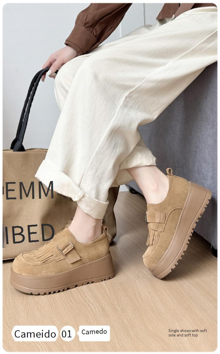 Cameido Women's Casual Shoes - Round Toe Suede Leather With Foam Sole, 6CM Heel, Camel Color_voghion.com