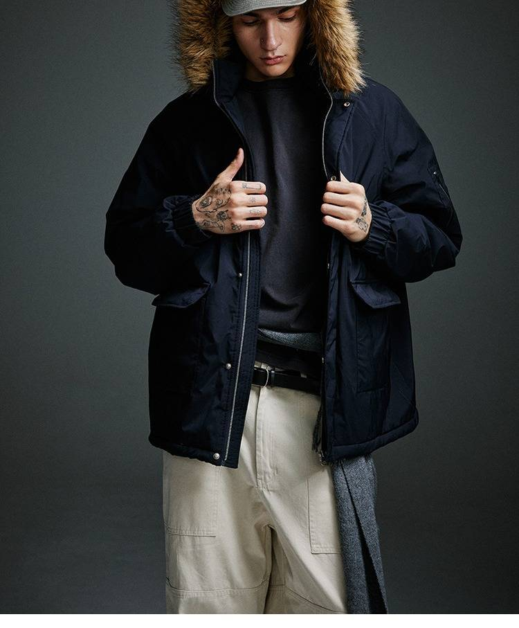Parka de invierno para hombre con cuello de piel: chaqueta acolchada de algodón grueso con capucha (tallas M-XXL, azul marino/negro)_voghion.com