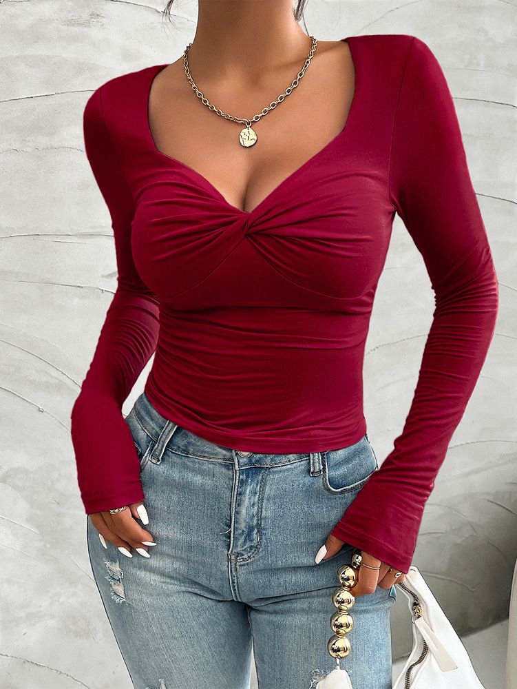 T-shirt a maniche lunghe slim fit da donna – Top basic in seta elasticizzata con scollo a V per strati (nero/bianco/bordeaux)_voghion.com