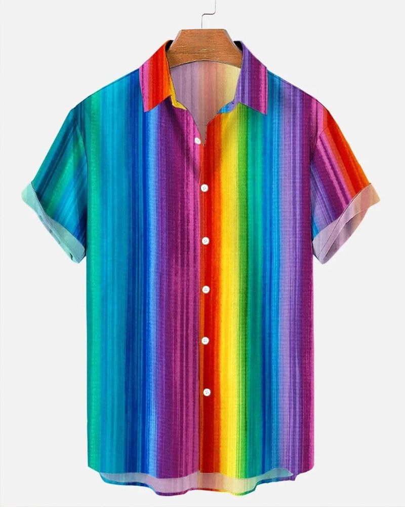 Herrkläder 2024 sommar kortärmad skjorta med knappar Mode herrskjorta 3D Digital Casual Randig Cardigan Partihandel_voghion.com