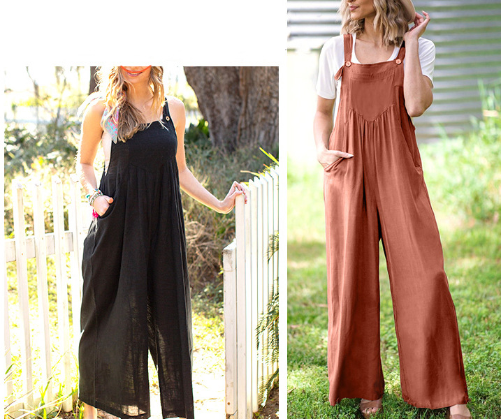 Women's clothing solid color loose casual cotton and linen overalls jumpsuit_voghion.com