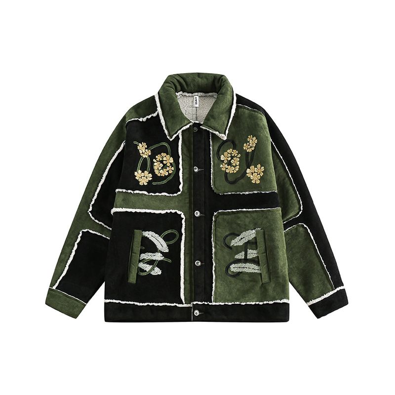 Color Block Patchwork Frayed Jacket Men's Fashion Floral Embroidery Winter Fleece Lamb Wool Cotton Coat Shearling_voghion.com