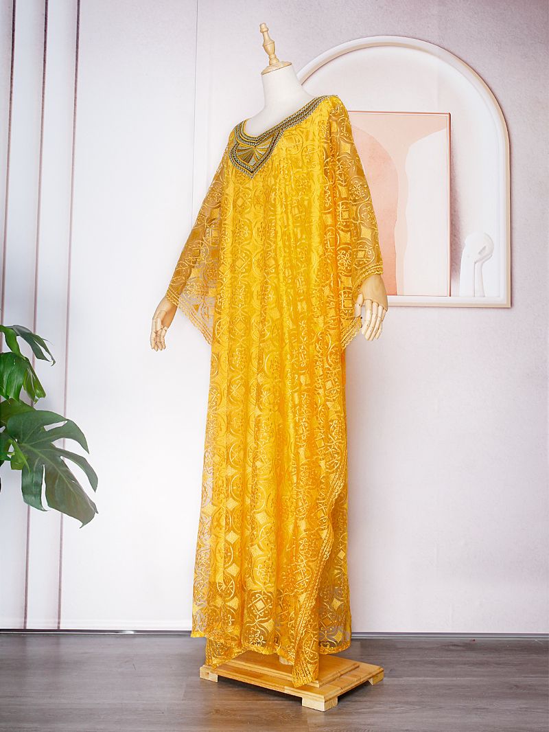 Roupas femininas bordado renda solta manga morcego vestido robe três peças colete com lenço na cabeça_voghion.com