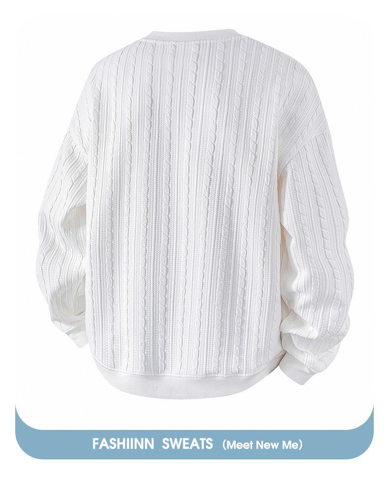 Men's Cable Knit Sweatshirt – Oversized Drop-Shoulder Crewneck With Jacquard Detailing (Black/Light Grey/White)_voghion.com