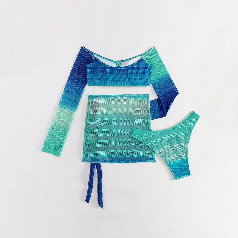 Dameskleding Badpak Dames Kleur Matching Trekkoord Lange Mouw Strandjurk Bikini Badpak Driedelige Set_voghion.com
