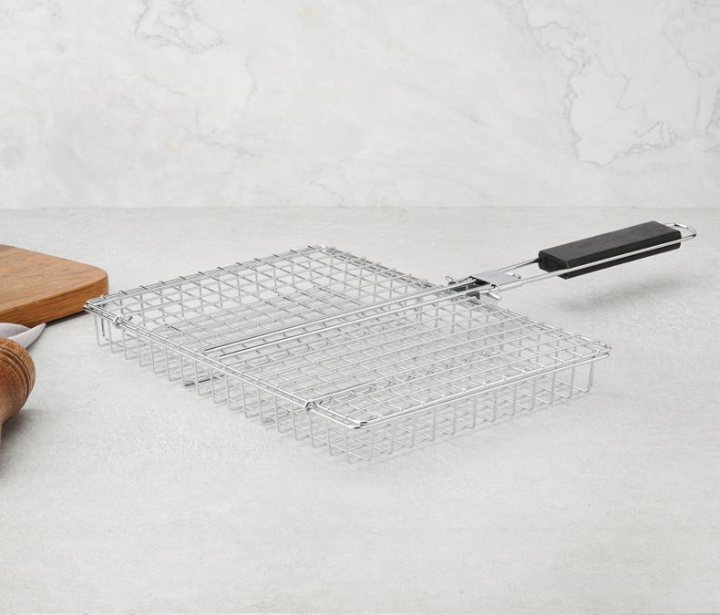 Rustfrit stål foldbart håndtag grillklemme udendørs multifunktionel grillet fiskeklemme grillet kylling grillnet majs grillstativ_voghion.com