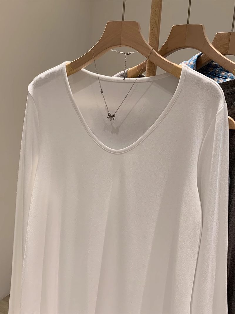 Maglietta bianca basic da donna, semplice maglietta tinta unita con scollo a V, scollatura a V, versatile manica lunga interna 2025 primavera_voghion.com