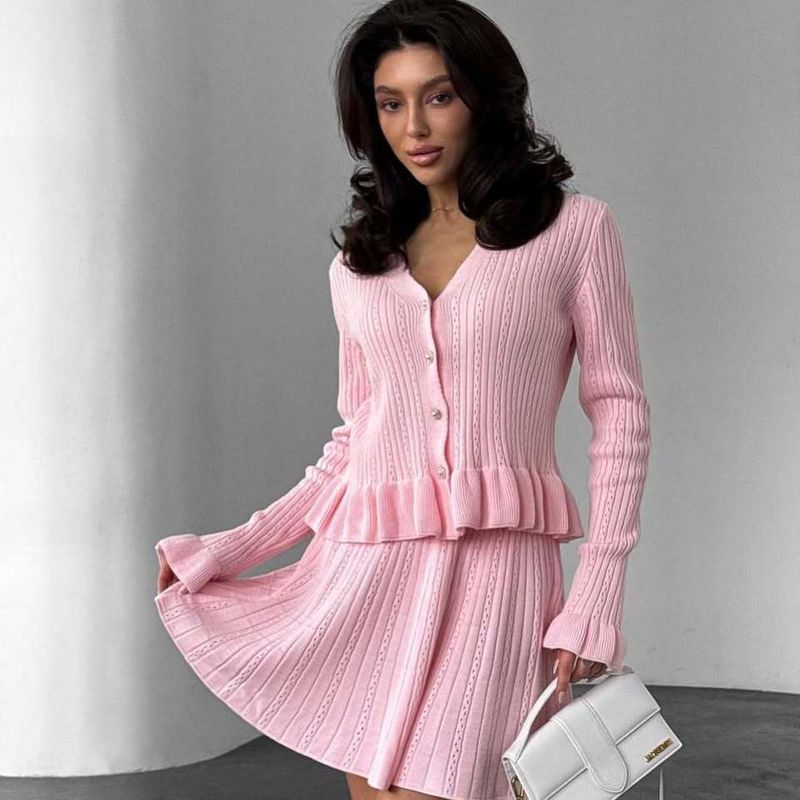 Elegant V-Neck Long Sleeve Blouse With Rhinestone Buttons & Peplum Hem Paired With A Flared Skirt Set_voghion.com