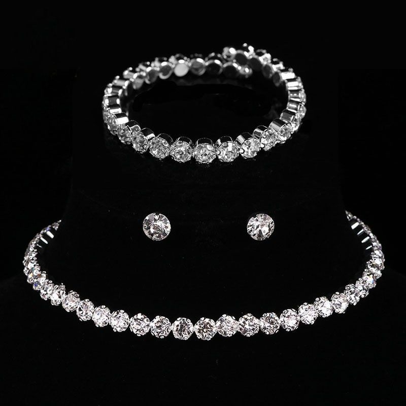 Set di gioielli da sposa in stile coreano con strass scintillanti, bracciale rotondo pieno di diamanti, orecchini, collana, tre pezzi_voghion.com