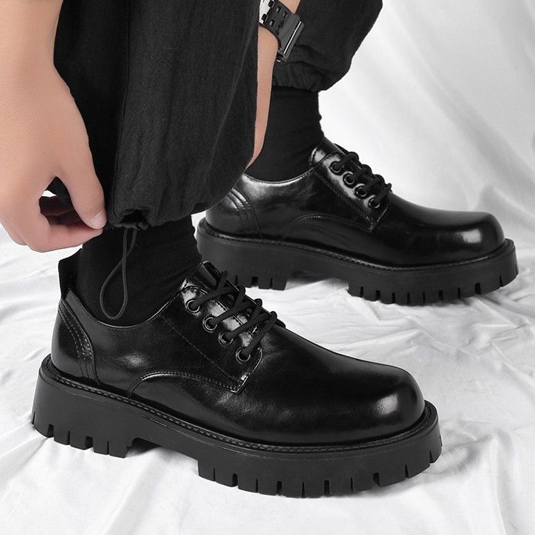 Leather Spring British Thick Sole Casual Derby Shoes Men's Formal Wedding Black Low-top Martin Boots_voghion.com