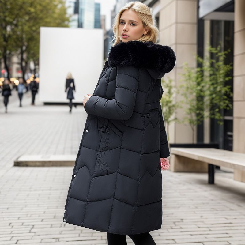 Giacca imbottita in cotone di grandi dimensioni alla moda da donna lunga versione coreana vita sopra il ginocchio giacca imbottita in cotone con collo in pelliccia grande ispessita_voghion.com