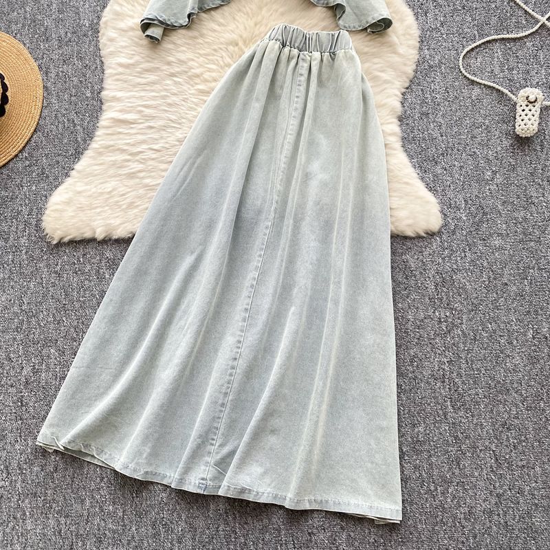Roupas femininas Pure Desire To Wear Vestido de verão feminino Design Cintura Sem mangas Top tubo irregular Colete Cintura alta Fenda Saia jeans_voghion.com