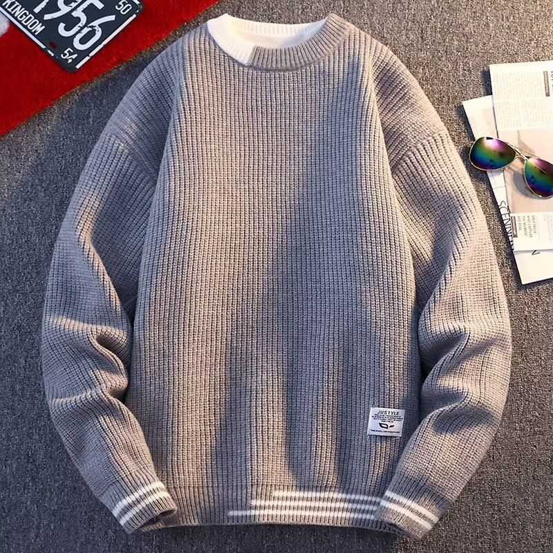Neuer Spleißenpullover für Jugendliche, runder Kragen, trendiger warmer, lockerer Strickpullover mit Faden-Hoodie für Jugendliche_voghion.com
