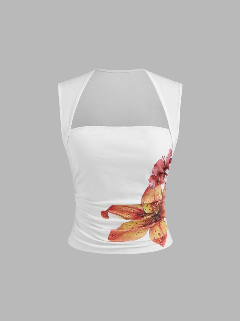 2025 Spring And Summer New Ribbed Ruffles Drawstring Slit Midi Skirt White Printed Square Neck Top Set_voghion.com