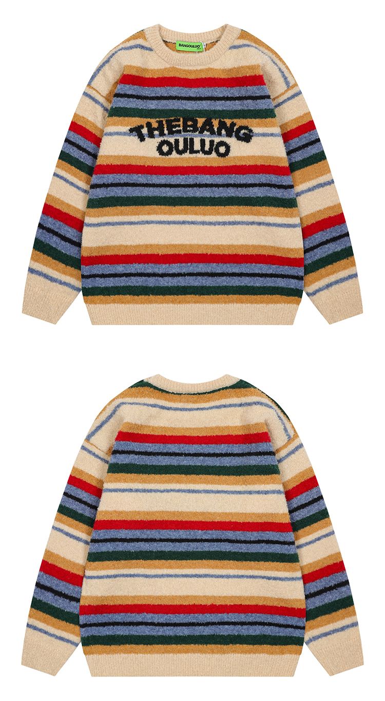 Maglione unisex in jacquard con lettere a righe e blocchi di colore retrò, vestibilità comoda e casual_voghion.com