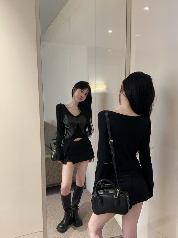 Herbst Neue Dopamin Hot Girl Nischendesign PU-Leder Patchwork Langarm Top Stil Persönlichkeit Shirt Für Frauen_voghion.com