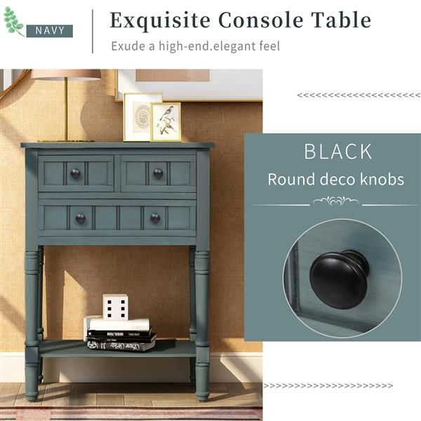 Narrow Console Table, Slim Sofa Table With Three Storage Drawers And Bottom Shelf For Living Room, Easy Assembly (Navy)_voghion.com