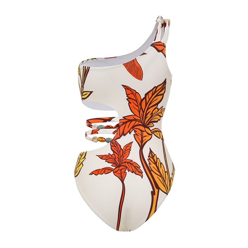 Roupa de banho feminina nova camada de ar babados maple leaf print praia férias maiô de uma peça terno_voghion.com