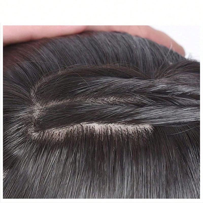 Stückbedeckendes, weißes, natürliches, unsichtbares, nahtloses Haarteil, synthetisches Fake-Toupet, Clip-in-Stücke mit Seidenbasis oben_voghion.com