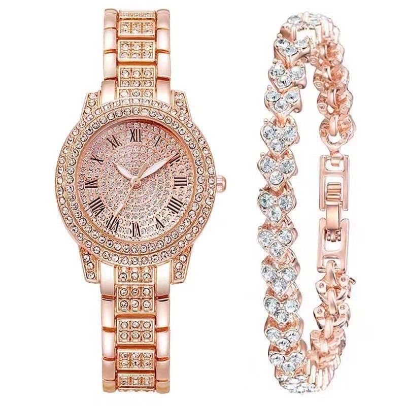 Ceas brățară cu quartz doamnelor live cu cifre romane cadran complet cu diamante ceas damă cu bandă de oțel cu diamante_voghion.com