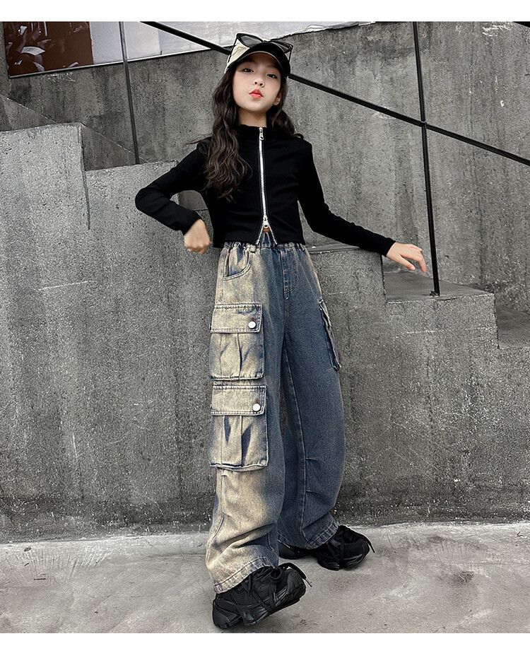 Jeans in denim effetto used per bambini, con tasche multiple, adatti a mamma e bambini - Streetwear comodo, elasticizzato ed elegante (blu, 120-170 cm)_voghion.com