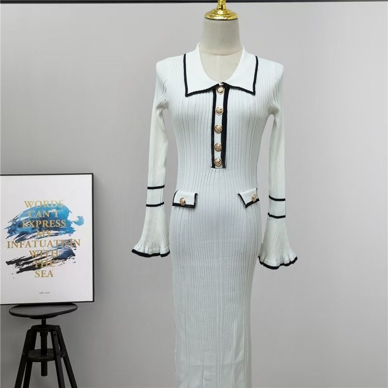 Inspired Strickkleid mit Babydoll-Kragen – X-Linien-Langarmkleid für Damen mit ausgestelltem Saum und Knopfdetail (S-XL, einfarbig, hohe Taille)_voghion.com