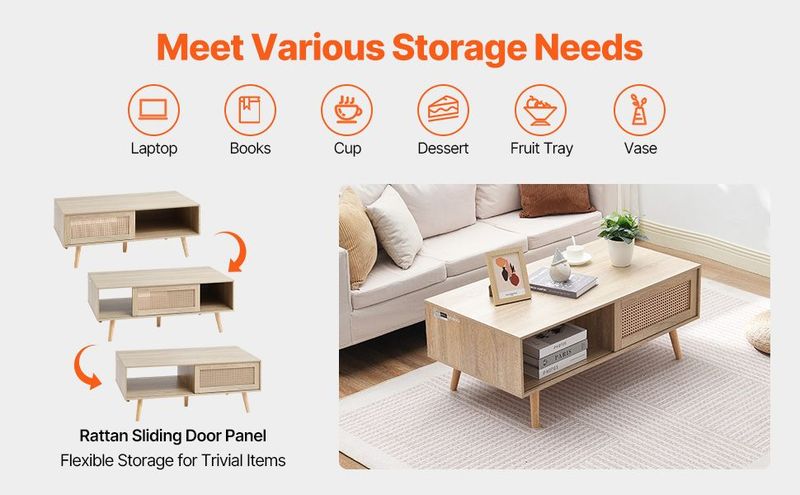 VEVOR Rattan Coffee Table, Mid Century Coffee Table, Rectangle Wood Coffee Table, 42 Inch Modern Boho Style Two Layers Storage Coffee Table, For Living Room, Bedroom & Small Spaces_voghion.com