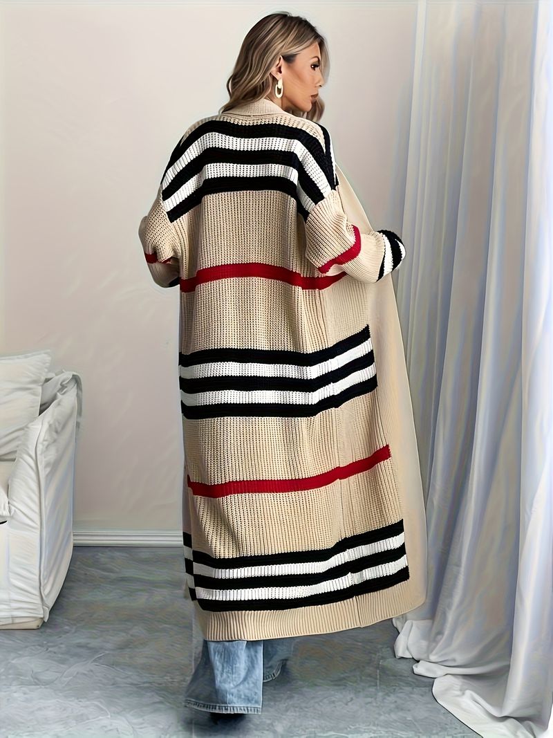 Soft Striped Knit Cardigan - Oversized Open Front Sweater With Color Block Design, Lightweight & Versatile For Women & Men_voghion.com
