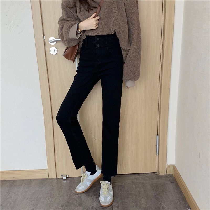 Jeans azul profundo de perna reta, tubo de cigarro primavera outono versão coreana, nova cintura alta, pequena e chique Hong Kong_voghion.com