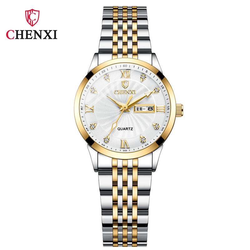 Montre-bracelet à quartz Chenxi pour homme et femme, avec double calendrier et bracelet en acier et diamants_voghion.com