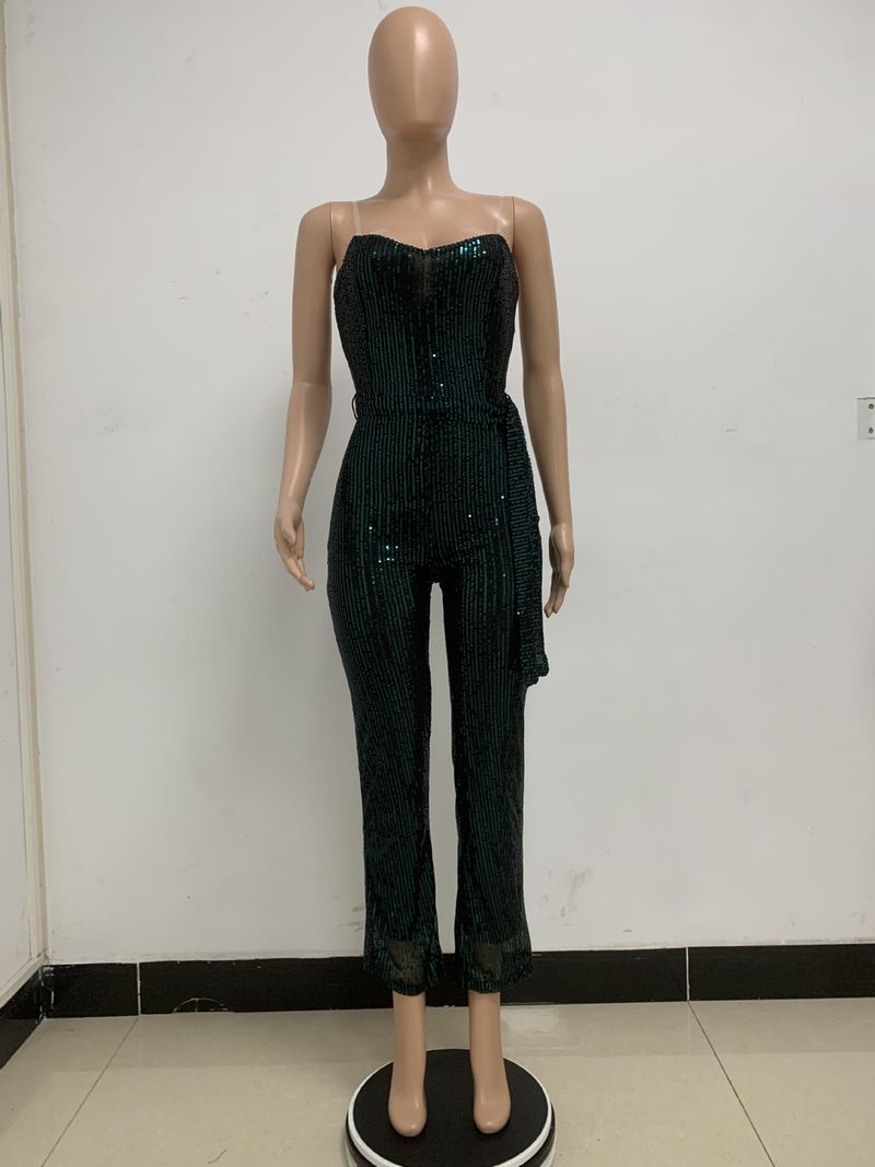 Dametøj Ærmeløs pailletterbæltejumpsuit ensfarvet tubetop rygløs jumpsuit_voghion.com