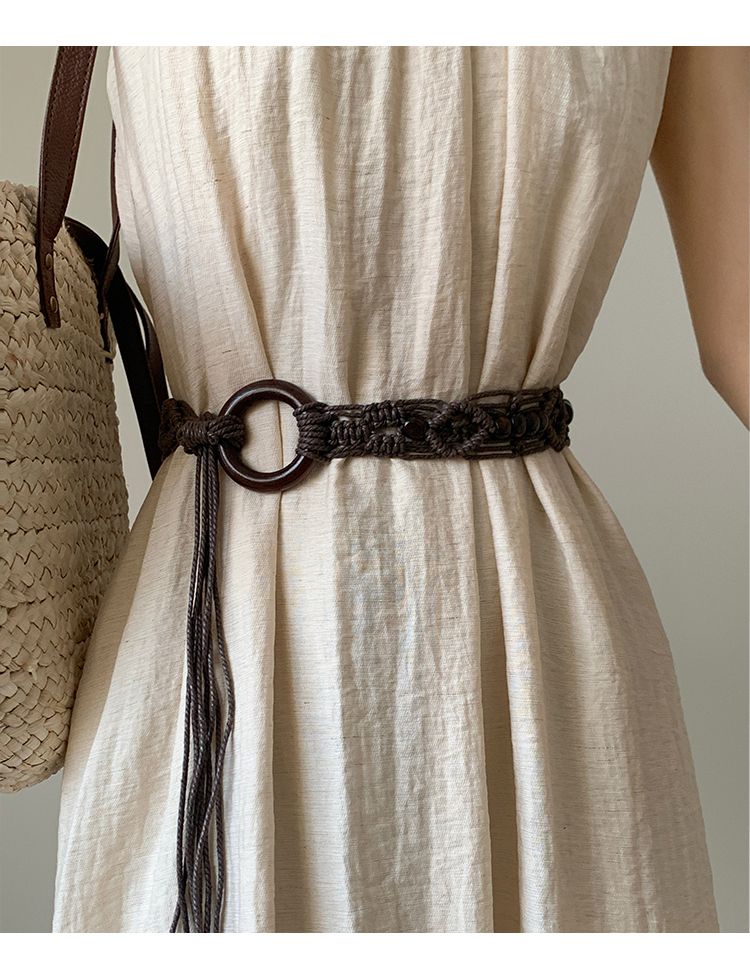 Gewebter Gürtel aus gewachster Kordel mit Holzschnalle, neuem, verlängertem Quasten- und Perlengürtel, Nischendesign mit Rockbesatz_voghion.com