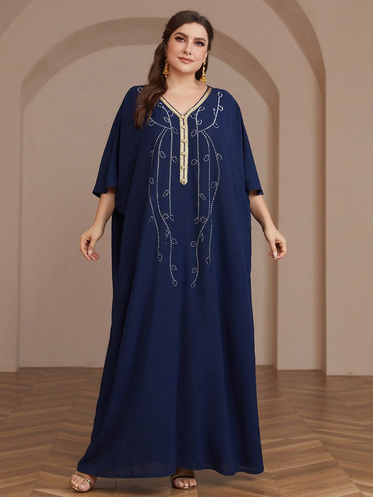 Neu Muslimischen Casual Heißer Diamant Lose Taille Kleid_voghion.com