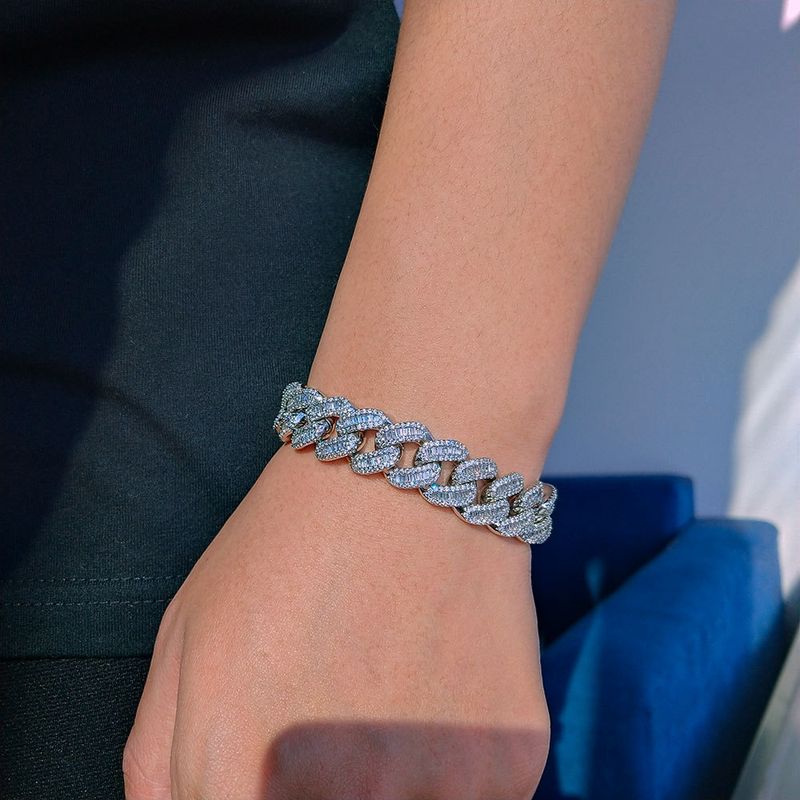 Parure di gioielli con catena a maglie cubane da uomo e da donna con zirconi quadrati da 15 mm incastonati a griffe, collana e bracciale in stile hip hop color oro e argento_voghion.com