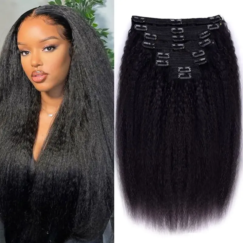 Human Hair Clip in Hair Extensions Kinky Straight Brazilian Virgin Natural Black for Women_voghion.com