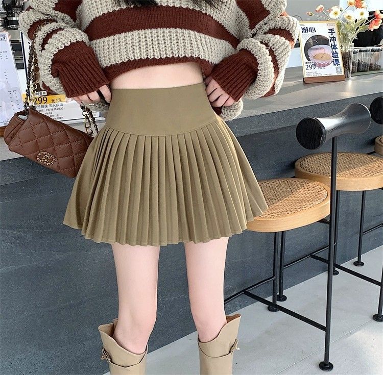 Jupe mi-longue en laine kaki GraceChic Melard pour femme, nouvelle collection automne-hiver, taille haute, amincissante, plissée, coupe trapèze, anti-exposition_voghion.com