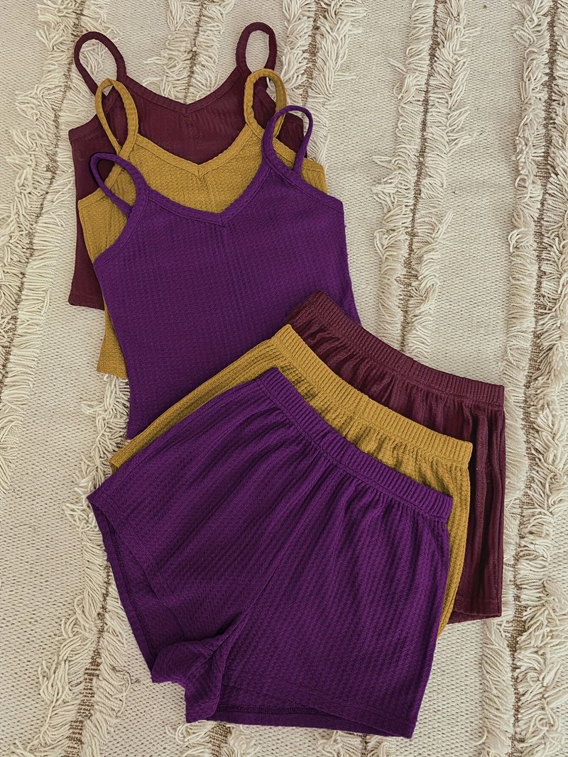 Conjunto de 3 piezas para estar en casa: 3 camisolas y 3 pantalones cortos elásticos. Ropa para mujer._voghion.com