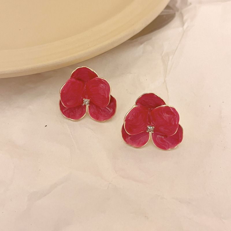 Orecchini da donna in stile coreano con cinque petali di garofano, smalto rosso e blu, 2024_voghion.com