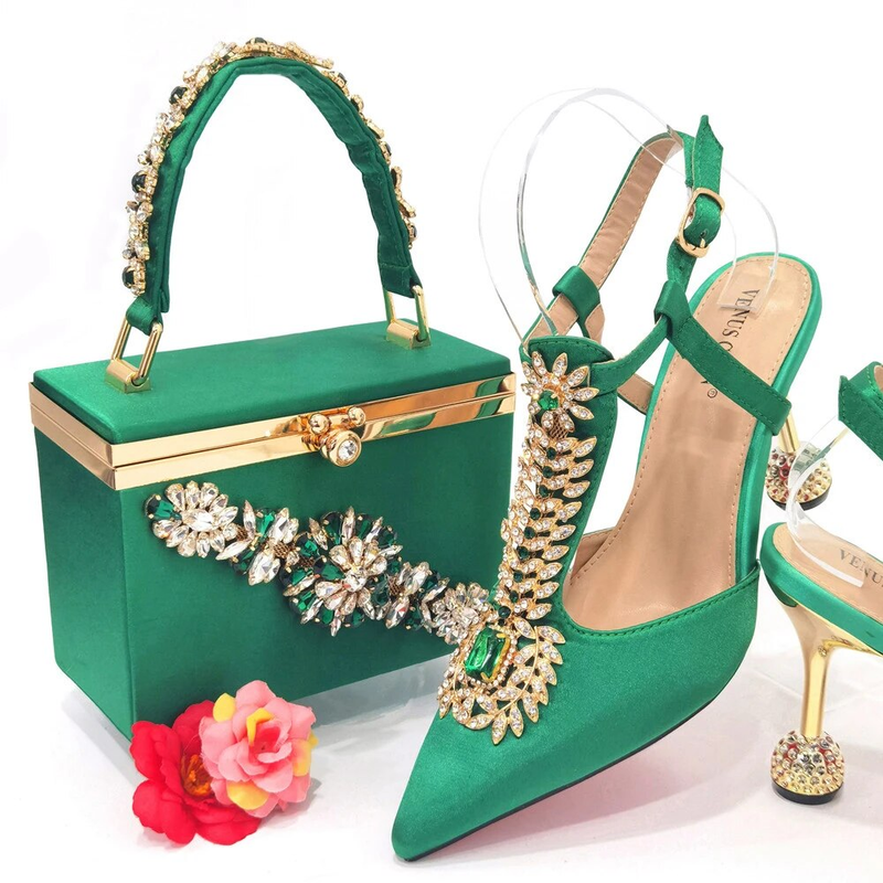 Venus Chan 2023 Italian Design Girly Style Pointed Toe Wedding Shoes And Bag, Full Diamond Decoration Metal Closure Bag_voghion.com