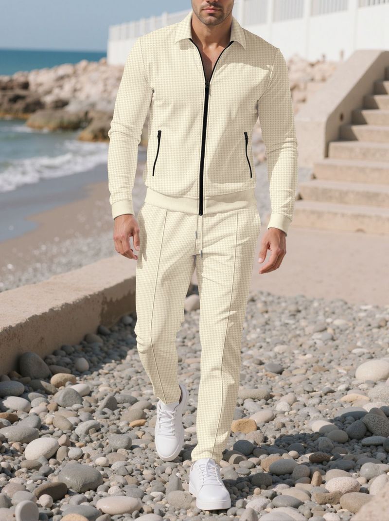 Herren Freizeitanzüge Langarm Tasche Reißverschluss Hemd Jacke Hose Zweiteiliger Anzug Männer_voghion.com