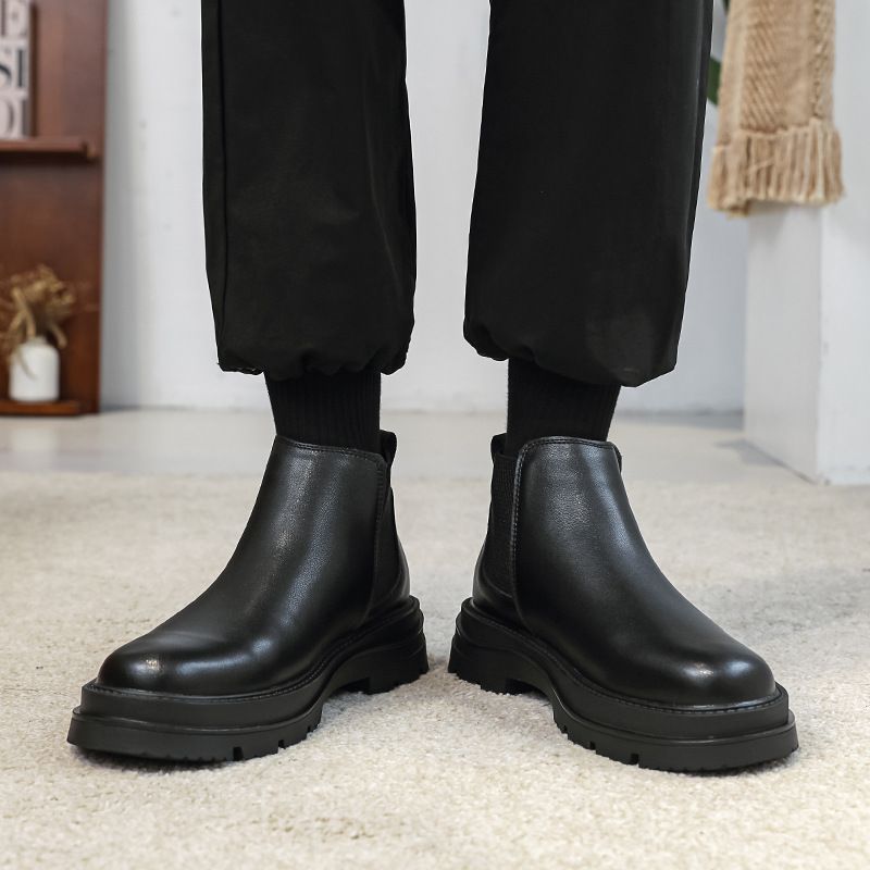 Retro Tooling Boots Thick-soled Heightened Lazy Foot-covering Martin Boots Genuine Leather Chelsea Short Boots_voghion.com